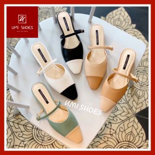 Giày Sục MULES phối màu mũi nhọn quai ngang bít mũi mẫu mới da mềm thoáng chân mùa hè đế cao 3cm êm [VIDEO + ẢNH THẬT]