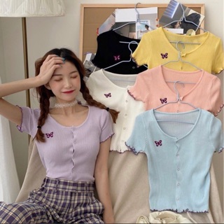 Áo croptop thêu bướm len Quảng Châu (hình thật + video)