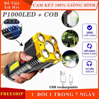 Đèn pin cầm tay 5 bóng siêu sáng chiếu xa 200m, chống thấm nước, 4 chế độ sáng có COD Led phụ tiện dụng