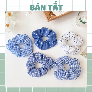 Dây cột tóc - Scrunchies cột tóc hoạ tiết caro/hoa/chấm bi màu xanh dương phong cách Hàn Quốc