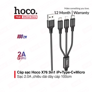 Cáp sạc Hoco X76 3-in-1 Lightning+ Type-C + Micro dây dù siêu bền dài 100cm hổ trợ sạc 2.0A cho Smartphone