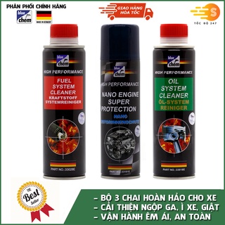 Bộ 3 phụ gia thay định kì bao gồm nhớt 33018E, xăng 33028E, nano 33181E cao cấp Bluechem