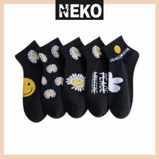Vớ ngắn cổ hoa cúc, tất cổ thấp unisex đen hoa nam nữ NEKO