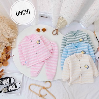 Đồ Bộ Dài Tay Xốp Loại Đẹp UNCHI Cúc Giữa Bé Trai Pha Kẻ, Bé Gái, Bộ Dài Tay Thu Đông Cho Bé UC10