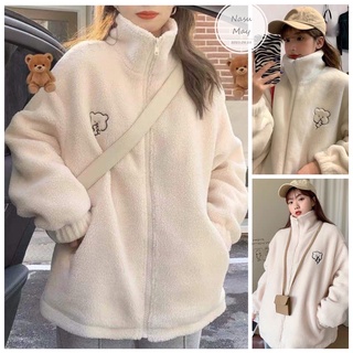 Áo Khoác Lông Nữ Dáng Rộng Dài Tay Khóa Kéo Thêu Gấu Trắng Cute