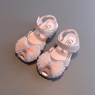 Dép sandal tập đi bé gái - Dép rọ quai dán Nơ xinh xắn gắn sequin đế cao su mềm cho bé 0-3 tuổi phong cách Hàn Quốc