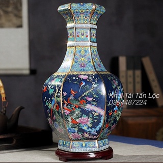 Bình hoa lục giác Càn Long Tứ Quý Cát Tường xanh giả cổ