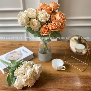 Bó 12 Bông Hoa Hồng Lụa Giả Cao Cấp Merber (Mơ &amp; Bơ) Nhiều Màu Loại 50cm - Cum Bông Khô Hoa Decor Trang Trí Nhà