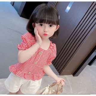 Bộ Quần Áo Kẻ Caro Chun Lưng Và Quần Đũi Trắng Cho Bé Gái Từ 8-23kg B27