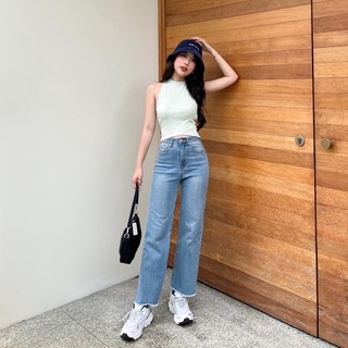 Quần jeans ống suông lai tua