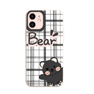 Ốp Iphone Gấu Black Bear má hồng nền caro ốp lưng iphone viền vuông đủ mã từ 6 đến 13promax