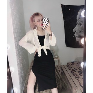 Set xinh gồm đầm 2 dây xẻ tà áo khoác sơ mi voan ngoài tôn dáng siêu hot hit