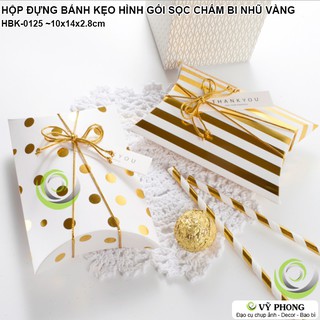 HỘP GIẤY ĐỰNG BÁNH KẸO HÌNH CHIẾC GỐI IN NHŨ VÀNG SỌC CHẤM BI SANG TRỌNG ĐỰNG QUÀ TẶNG DỊP LỄ TẾT HBK-0125