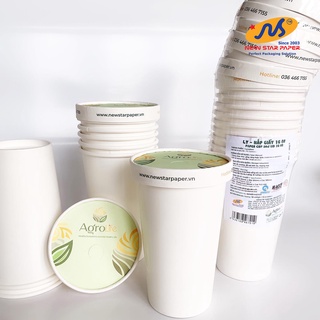 Ly giấy 16oz~472ml- Combo 10  ly giấy trơn &amp; 10 nắp giấy có đục lỗ