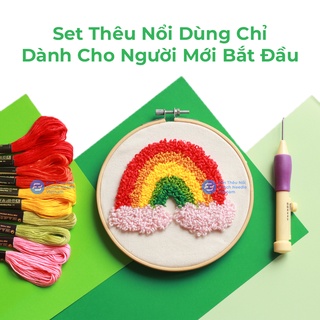 Kim Thêu Nổi Thêu Xù Punch Needle Set Cầu Vồng Dùng Len Đan Móc và Chỉ Thêu Đầy Đủ Dụng Cụ Cho Người Mới Bắt Đầu