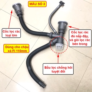 Bộ ống xả xi phông chống hôi gắn bồn rửa chén đúc 1 ngăn, 2 ngăn, chậu đúc đáy vuông fi 110mm