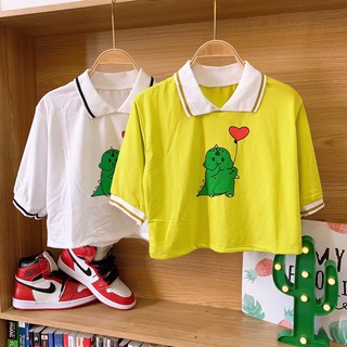 Áo polo croptop hình chú khủng long xanh xinh xinh