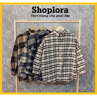 Áo sơ mi nữ kẻ caro form rộng tay lỡ chất đũi có túi ngực - Thời trang Shoplora