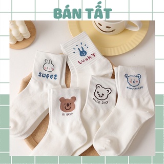 Tất vớ nữ cổ cao trắng mỏng thoáng hoạ tiết gấu thỏ phong cách Hàn Quốc Hot Trend