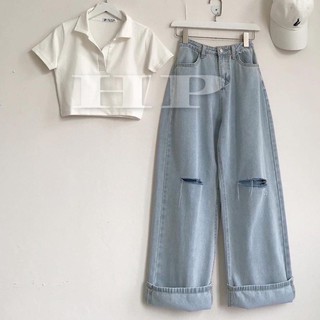 Sét áo crt polo + quần bò ống rộng rách 2 gối