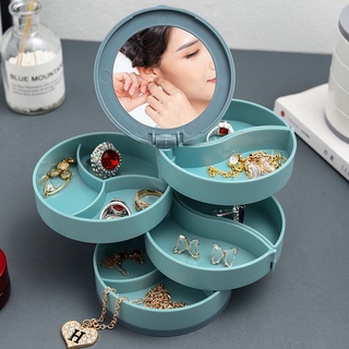 MVP957 Hộp đựng trang sức khay xoay 360 độ có gương 4 tầng kệ đựng hoa tai dây chuyền nhẫn trang sức sang trọng nhỏ gọn
