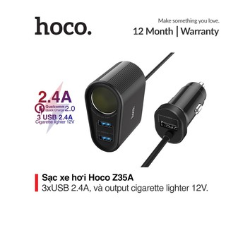 Tẩu sạc điện thoại xe hơi 2.4A Hoco Z35A vật liệu PC chống cháy tích hợp đèn Led và 3 đầu ra Usb