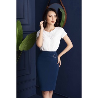 Chân váy xanh navy, bút chì, bèo nhún mí, khuyên trang trí TOSON 33014X020