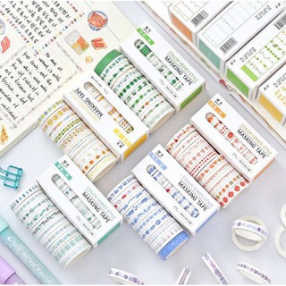 Hộp 10 cuộn Washi Tape Băng keo dán họa tiết cao cấp DIY trang trí sổ, chia dòng 8mmx3m- Văn Phòng Phẩm Sáng Tạo