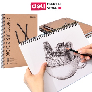 Sổ tay vẽ chì phác thảo sketchbook Deli 80 trang 100gsm/110gsm khổ ngang A4/B5 gáy lò xo dùng cho mỹ thuật phác họa 7696