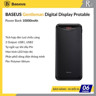 Pin Sạc Dự Phòng Siêu Mỏng Baseus Gentleman Digital Display Powerbank 10000mAh Tích Hợp Đèn LED, 2 USB Sạc, LCD Hiển Thị