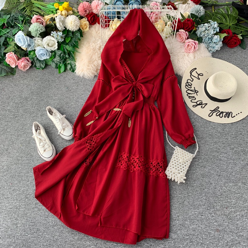 (sẵn) Váy boho đỏ có mũ