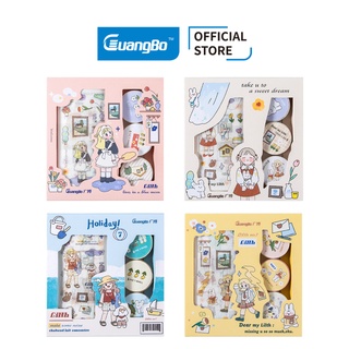 Bộ hộp 3 cuộn băng dính washi tape + 4 stickers GuangBo 4 chủ đề trang trí sổ Bullet Journal H97045