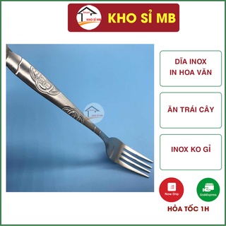 Dĩa inox ăn hoa quả, nĩa inox ăn trái cây cán dài in hoa văn- hàng đẹp - kho sỉ mb
