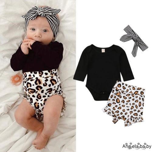 Set áo liền quần + quần sọt họa tiết da báo + băng đô xinh xắn cho bé gái