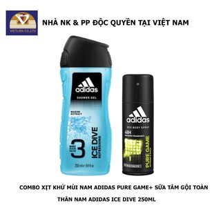 COMBO Xịt Khử Mùi Toàn Thân Nam Adidas Pure Game + Sữa Tắm Gội Toàn Thân Nam Adidas Ice Dive 250ml