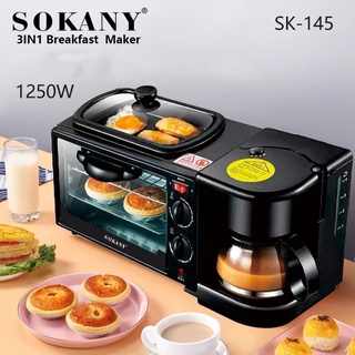 Máy Nướng Bánh Làm Đồ Ăn Sáng Pha Cà Phê 3in1 Sokany SK-145 1250W Đa Năng Cao Cấp Tiện Ích Cho Gia Đình