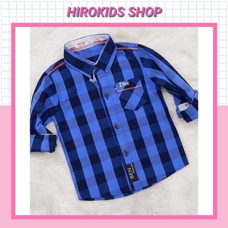 Áo sơ mi bé trai dài tay họa tiết kẻ caro xanh chất kate 8 đến 24kg - Hirokids