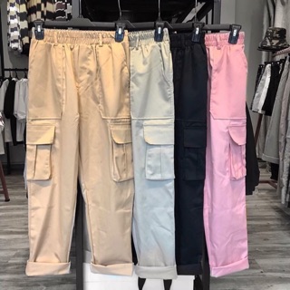 Quần Kaki túi hộp Unisex- BOX PANTS - Kiểu quần kaki nam nữ thun vải đen và be tan