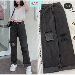 [ HÙNG HỔ!! ] QUẦN JEAN NỮ KIỂU QUẦN JEAN ỐNG RỘNG NỮ MÀU XÁM HADI LƯNG CAO RÁCH VẠT PHẢI, 2 SỌC GỐI TRÁI SIÊU CÁ TÍNH