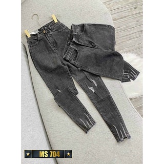 Quần jean nữ lưng cao màu xám rách gấu, Quần bò nữ chất vải denim co dãn thoải mái mẫu y hình T-Fashion 24H M704