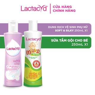 Bộ Dung Dịch Vệ Sinh Phụ Nữ Lactacyd Soft &amp; Silky Dưỡng Ẩm 250ml + Lactacyd Milky Bảo Vệ, Nuôi Dưỡng Da và Tóc Bé 250ml
