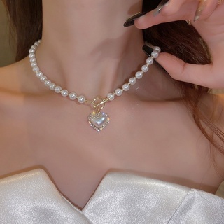 Dây chuyền ngọc trai nhân tạo hình trái tim phong cách cá tính cho nữ, vòng cổ ngọc trai