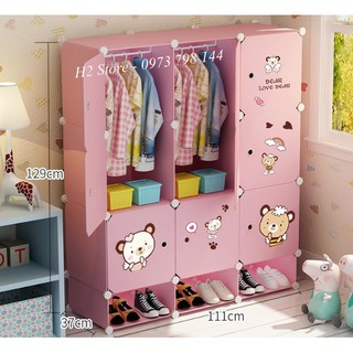 TỦ NHỰA LẮP GHÉP 9 Ô + 3 Ô GIÀY MÀU HỒNG CỬA ĐỤC GẤU ĐA NĂNG THÔNG MINH sâu 47cm