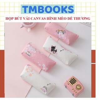 Hộp bút vải canvas cỡ lớn họa tiết mèo cute ,xinh xắn có khóa kéo, kiểu dáng Hàn Quốc cho học sinh ,sinh viên