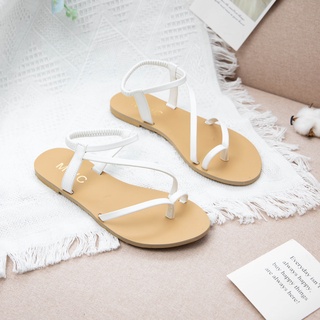 Giày Sandal MWC Đế Bệt Xỏ Ngón Chất Da Màu Đen Kem Cá Tính NASD-2895