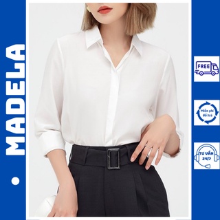 Áo sơ mi trắng nữ dài tay công sở MADELA Lụa Xước Hàn Quốc Cao Cấp, Sơ mi trắng công sở nữ dài tay style công sở - ASM07
