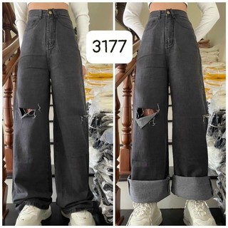 [Có size đại] Quần jean ống rộng đen rách 3177, hình thật 100%