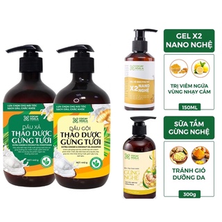 [Chính hãng] Combo 3 sản phẩm Bộ dầu gội và xả gừng dừa + Dung dịch x2 nano nghệ + Sữa tắm chống cảm gừng nghệ