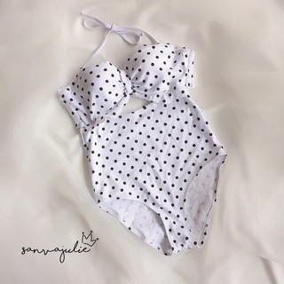 BIKINI Bộ đồ bơi nữ đi biển liền một mảnh Trắng chấm bi có mút vừa (Áo nơ ngực)
