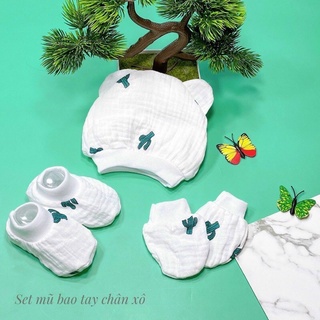 Sét bao tay, bao chân kèm mũ sơ sinh chất liệu vải Xô xuất Hàn